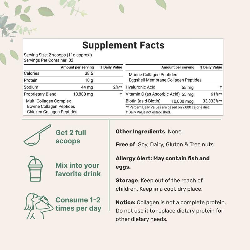 Péptidos múltiples de colágeno en polvo, ácido hialurónico, biotina y vitamina C