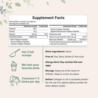 Péptidos múltiples de colágeno en polvo, ácido hialurónico, biotina y vitamina C