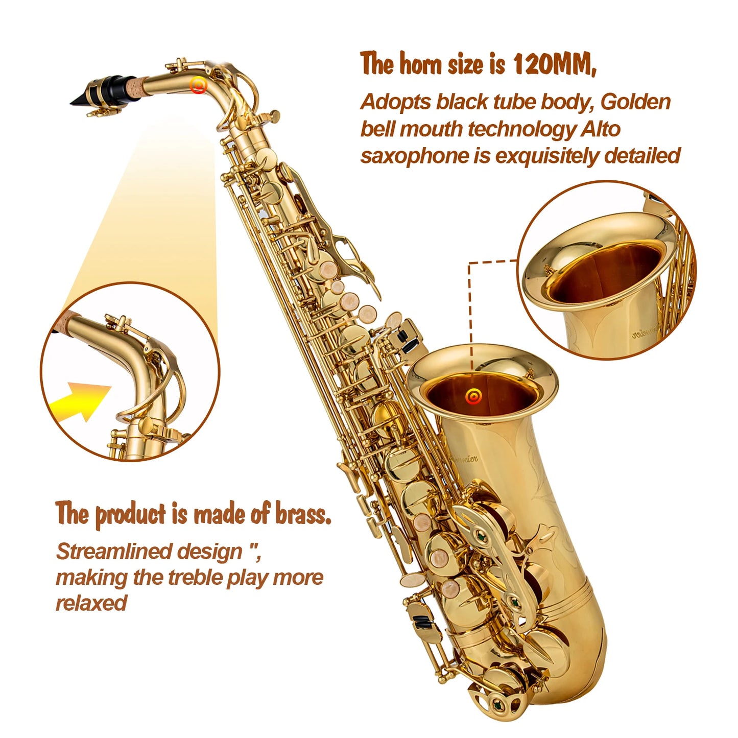 Saxofón Alto Eb de alta calidad, instrumento Musical dorado lacado de latón con estuche