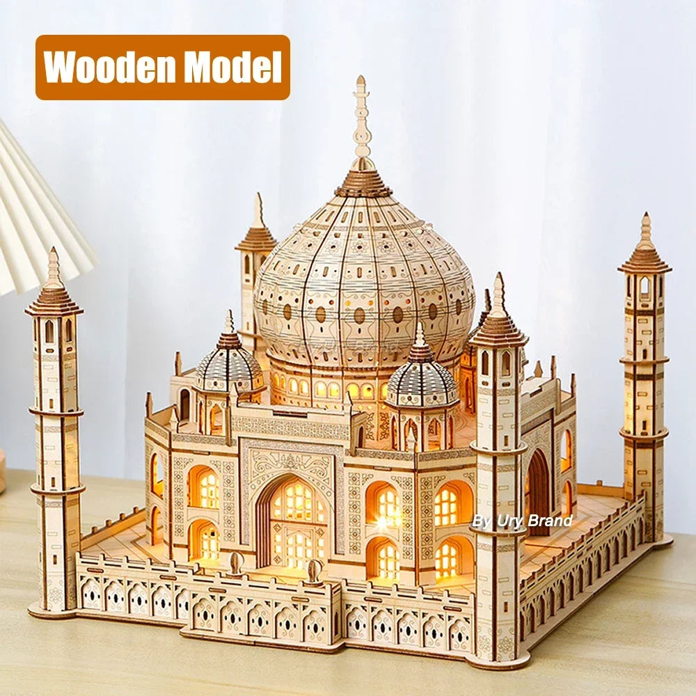 Castillo real de madera Taj Mahal de la casa del rompecabezas 3D con la asamblea ligera 