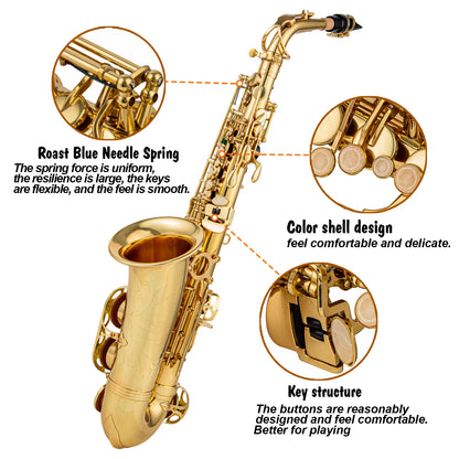 Saxofón Alto Eb de alta calidad, instrumento Musical dorado lacado de latón con estuche