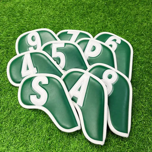 9 Piece Golf Iron Head Covers Green Leather Waterproof